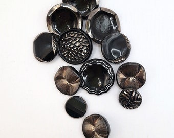 Mixed lot of 12 black and silver Czech glass buttons in various periods and sizes, suitable for button crafts, sewing projects, used and old