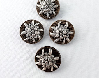 Edelweiss flower metal and faux horn buttons swiss bavarian knitwear one inch 25 mm set of 4