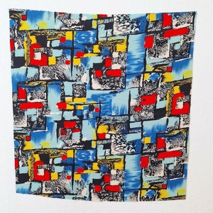 1950s mid century modern large square of vintage material in abstract design in blue red black, crafts cushion scrap books quilt 60 x 57 cm