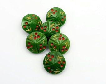 Pequeños botones de vidrio checo pintados a mano en verde flor folclórica, estilo folklore campestre, chica Mori, ganchillo de punto, década de 1940, juego de 14 mm de 6