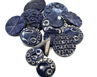 Dark blue mixed lot 13 vintage glass buttons assorted Art Deco geometric and flower designs suitable for crafts jewelry and vintage sewing