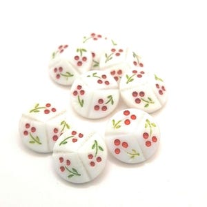 Hand painted white glass buttons, with red cherries, country knitwear, traditional crafts, vintage sewing, cardigan 18 mm set of 8
