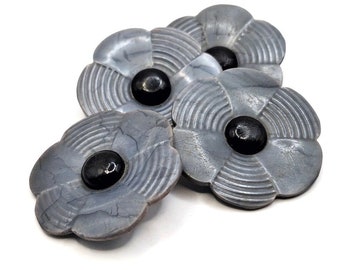 Large marbled gray Galalith flower shaped Art Deco coat buttons 1930s, revamp clothing, as found jewelry film costume set of 4 size 3.8 cm