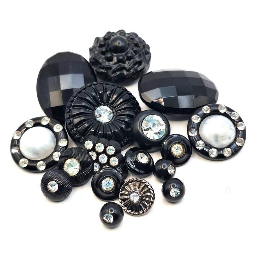 Black With Rhinestone Mixed Lot of 17 Vintage Buttons in Various Styles ...