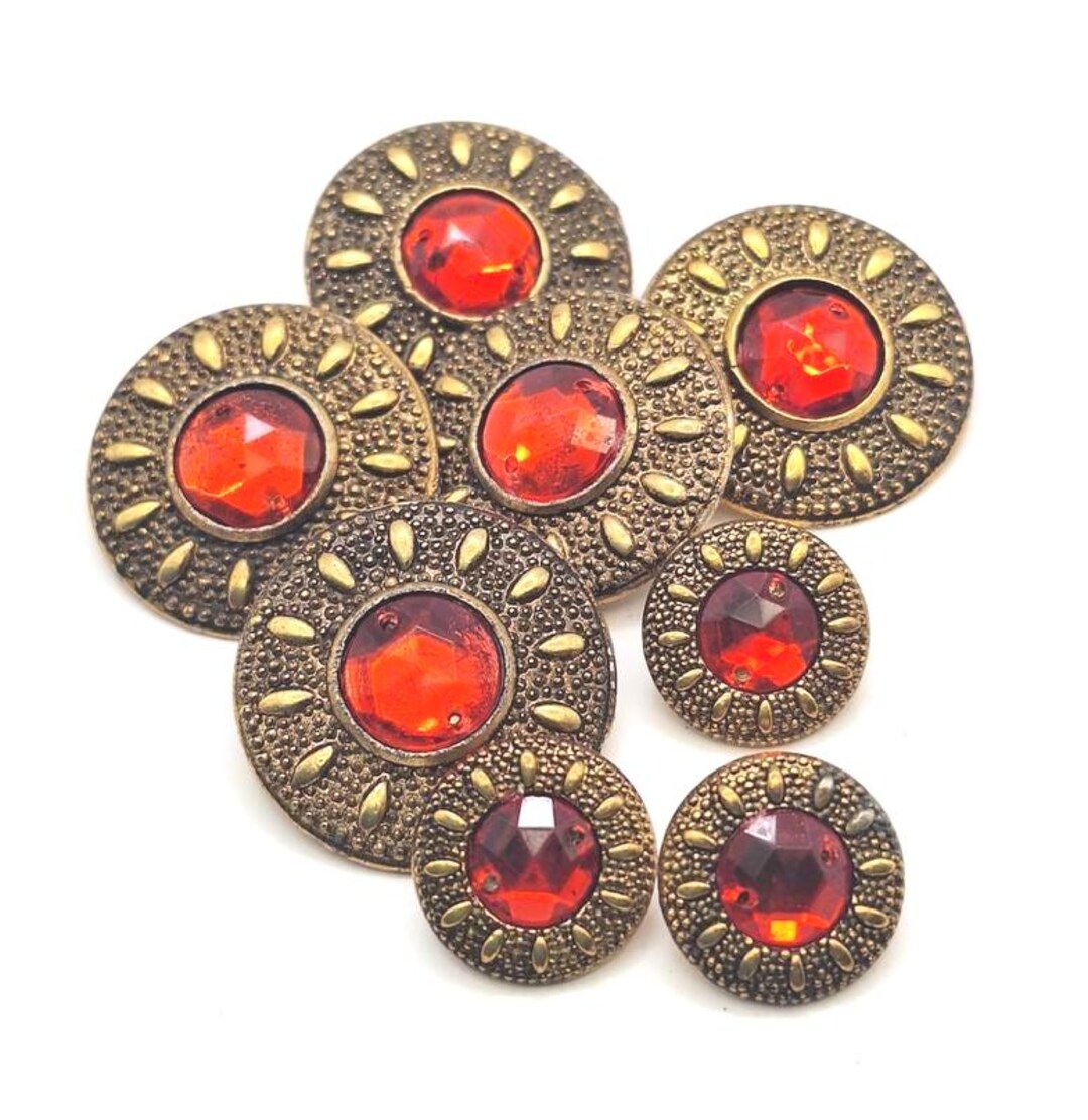 Vintage Gold Metal Red Rhinestone Buttons, Embossed Design (8 Pc) - Etsy