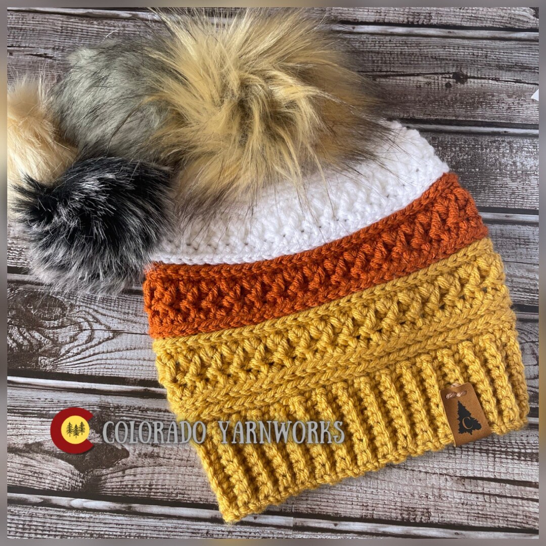 Crochet Pompom Beanie Pattern: Tri-color Winter Hat (PDF Pattern) - Etsy