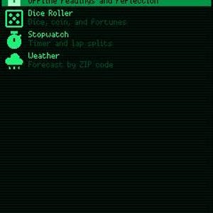 May include: A digital interface screen with a dark background and bright green text. The menu displays APPS with options for Bible Verses, Dice Roller, Stopwatch, and Weather, each accompanied by a small icon. Navigation buttons labeled BACK, SEL, UP, and DWN are visible.