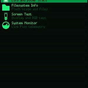 May include: A digital screen interface titled SYSTEM TOOLS in bright green text on a dark background. The menu lists Battery Info, Filesystem Info, Screen Test, and System Monitor with corresponding icons. Navigation buttons labeled BACK, SEL, UP, and DWN are visible.