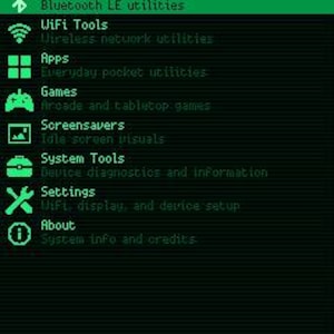 May include: A digital screen display for Pico Portal OS featuring a green text menu on a black background. The interface lists categories including Bluetooth Tools, WiFi Tools, Apps, Games, Screensavers, System Tools, Settings, and About.