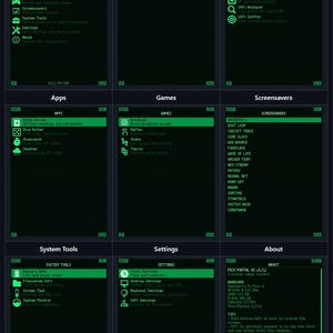 May include: A digital interface display for Pico Portal OS featuring nine distinct menu screens in a green and black color scheme. The menus include Launcher, Bluetooth Tools, WiFi Tools, Apps, Games, Screensavers, System Tools, Settings, and About.