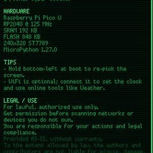 May include: A digital screen displaying the About menu for Pico Portal OS v1.7.1, a pocket cyber toolkit. The interface features green text on a black background, listing hardware specifications including Raspberry Pi Pico W, RP2040, and MicroPython.