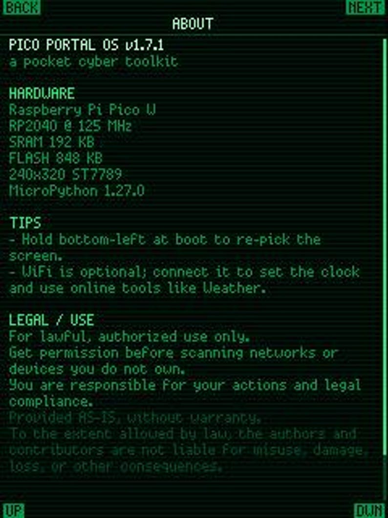 May include: A digital screen displaying the About menu for Pico Portal OS v1.7.1, a pocket cyber toolkit. The interface features green text on a black background, listing hardware specifications including Raspberry Pi Pico W, RP2040, and MicroPython.