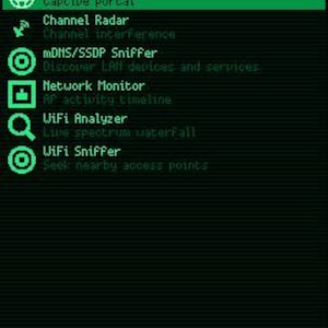 May include: A digital screen displaying a WiFi Tools menu in bright green text on a black background. The list includes Pico Portal, Channel Radar, mDNS/SSDP Sniffer, Network Monitor, WiFi Analyzer, and WiFi Sniffer with corresponding icons.