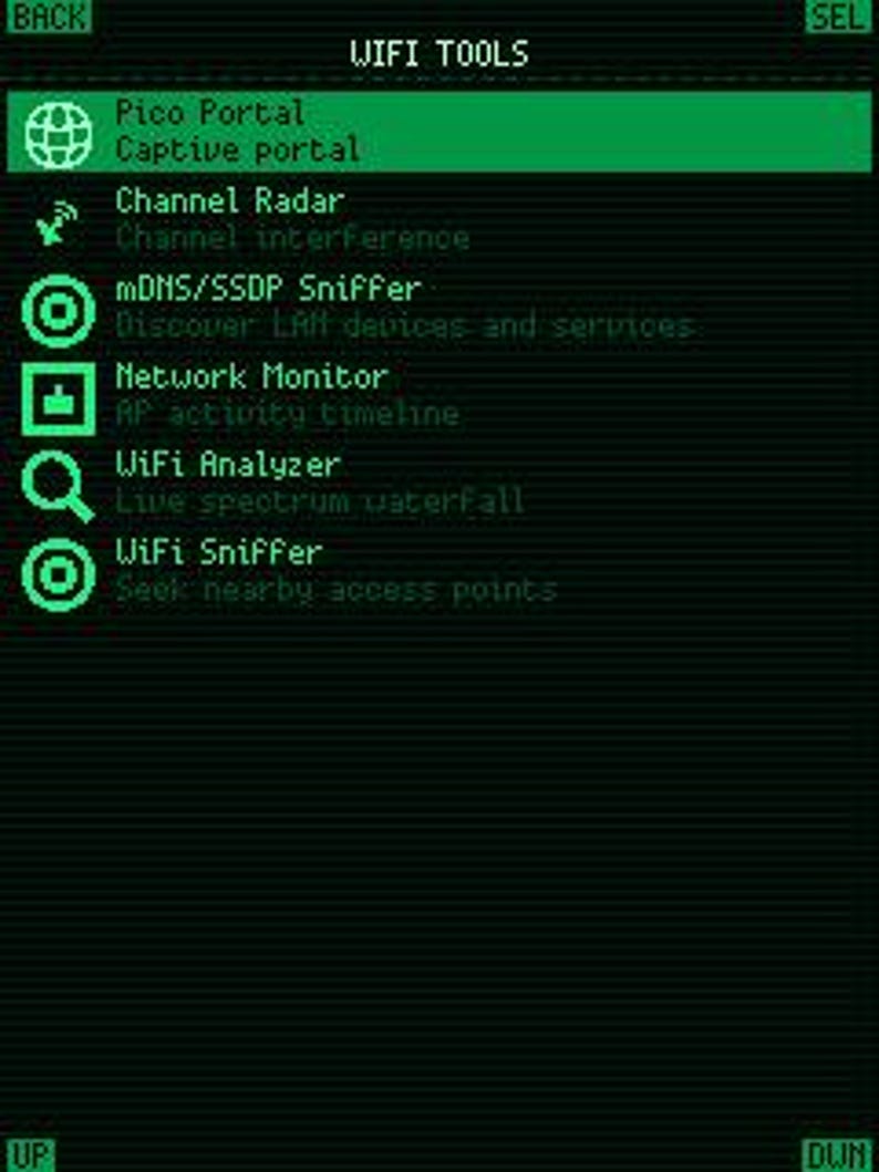 May include: A digital screen displaying a WiFi Tools menu in bright green text on a black background. The list includes Pico Portal, Channel Radar, mDNS/SSDP Sniffer, Network Monitor, WiFi Analyzer, and WiFi Sniffer with corresponding icons.