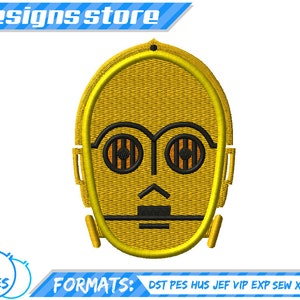 以下が含まれることがあります： スターウォーズのC-3POの頭部の黄色と黒の刺繍デザイン。デザインは6つのサイズと10のフォーマットで利用できます。