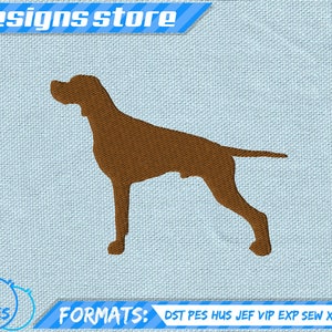 Puede incluir: Silueta marrón de un Braco Alemán de Pelo Corto sobre un fondo azul claro. La imagen incluye el texto "6 SIZES" y "FORMATS: DST PES HUS JEF VIP EXP SEW XXX VP3".