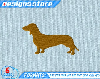 May include: A brown dachshund silhouette embroidery design in six sizes. The design is available in 10 formats: DST, PES, HUS, JEF, VIP, EXP, SEW, XXX, VP3.