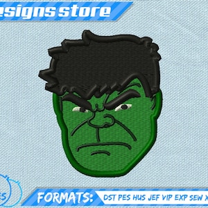 May include: Green and black embroidery design of the Hulk's face. The design is available in six sizes and ten formats: DST, PES, HUS, JEF, VIP, EXP, SEW, XXX, and VP3.