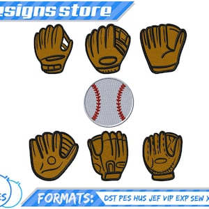 Puede incluir: Seis diseños de bordado de guantes de béisbol y una pelota de béisbol. Los diseños son en marrón y negro. El texto "6 SIZES" y "FORMATS: DST PES HUS JEF VIP EXP SEW XXX VP3" está en la parte inferior de la imagen.