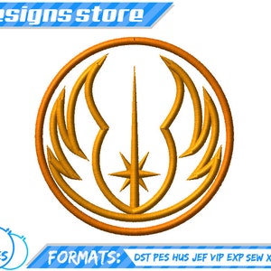May include: A gold embroidered design of the Jedi Order symbol, featuring a lightsaber and a star. The symbol is surrounded by a circular border.