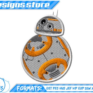 Peut inclure: Broderie représentant un robot blanc et orange, BB-8, de la franchise Star Wars. Le motif est disponible en six tailles et dix formats, dont DST, PES, HUS, JEF, VIP, EXP, SEW, XXX et VP3.