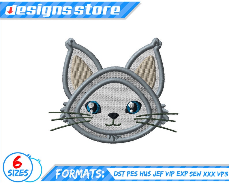 Puede incluir: Dise&ntilde;o bordado de una cara de gato gris con ojos azules. Las orejas del gato est&aacute;n levantadas y tiene una peque&ntilde;a nariz rosa. El dise&ntilde;o es perfecto para agregar un toque de fantas&iacute;a a cualquier proyecto.