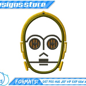 May include: A yellow and green embroidery design of C-3PO's face from Star Wars. The design includes C-3PO's iconic eyes, mouth, and antenna.