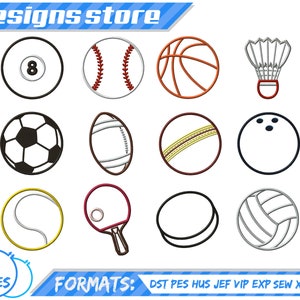 May include: A set of 12 embroidery designs featuring various sports balls, including a baseball, basketball, soccer ball, football, cricket ball, bowling ball, tennis ball, ping pong paddle, hockey puck, and volleyball. The designs are available in 6 sizes and 10 formats: DST, PES, HUS, JEF, VIP, EXP, SEW, XXX, VP3.