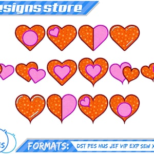 May include: A collection of heart-shaped designs in various styles. The hearts feature orange and pink colors, some with star patterns and others with solid colors. The image includes the text "designs store", "6 SIZES", and "FORMATS: DST PES HUS JEF VIP EXP SEW XXX VP3".