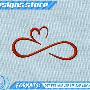 Pode incluir: Símbolo de infinito vermelho com um coração dentro, design de bordado em seis tamanhos e dez formatos: DST, PES, HUS, JEF, VIP, EXP, SEW, XXX, VP3.