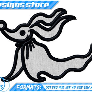 Puede incluir: Diseño de bordado en blanco y negro de Zero, el perro fantasma de la película Pesadilla antes de Navidad. El diseño está disponible en seis tamaños y diez formatos, incluidos DST, PES, HUS, JEF, VIP, EXP, SEW, XXX y VP3.