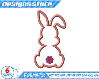 May include: A pink bunny rabbit embroidery design with a pink flower on its bottom. The design is available in six sizes and ten formats, including DST, PES, HUS, JEF, VIP, EXP, SEW, XXX, and VP3.