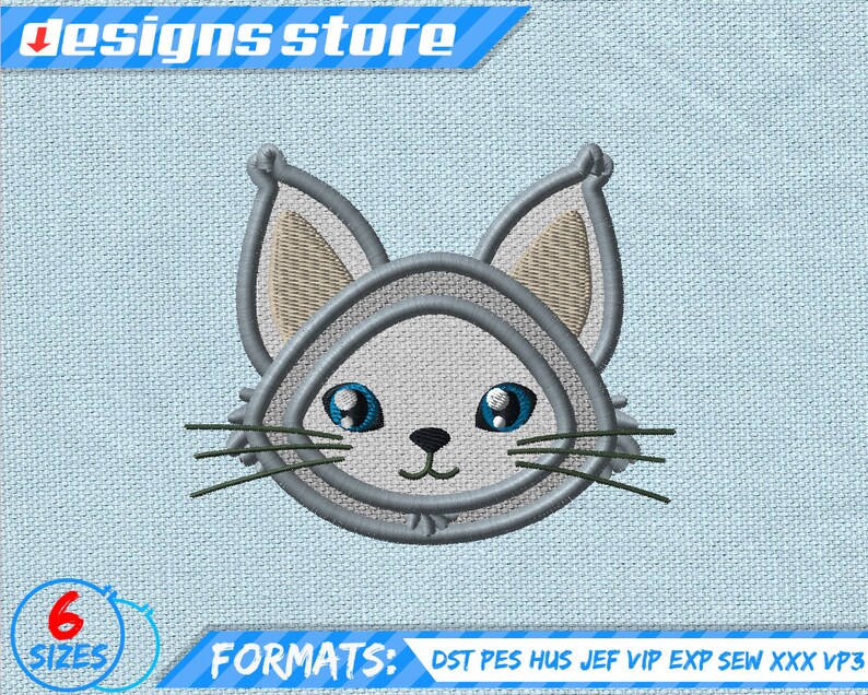 Puede incluir: Dise&ntilde;o bordado de un lindo gato gris con ojos azules. La cara del gato est&aacute; delineada en gris y las orejas son de un tono gris m&aacute;s claro. El dise&ntilde;o es perfecto para agregar un toque de fantas&iacute;a a cualquier proyecto.