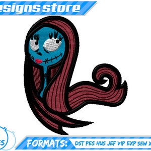 Puede incluir: Diseño bordado de Sally de Pesadilla Antes de Navidad. Ella es azul con labios rojos y cabello negro. El diseño está disponible en seis tamaños y diez formatos.