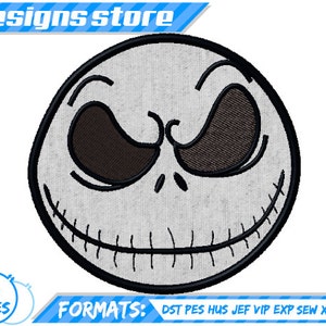 May include: A black and white embroidery design of Jack Skellington's face from the movie The Nightmare Before Christmas. The design is available in six sizes and multiple formats, including DST, PES, HUS, JEF, VIP, EXP, SEW, XXX, and VP3.