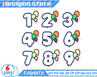 BIRTHDAY NUMBERS APPLIQUE design, baby Balloon birthday Embroidery Applique, Balloon Applique number birthday Design Baby numbers embroidery