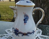 Meissen, Germany - Antique - Rare Discontinued MING DRAGON BLUE Red Dot Accents, Gold Trim - 5 Cup Coffee Pot 321910 - Clean Crossed Swords