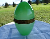 Gorgeous Antique French Art Nouveau - Decorated Brass Hinged - Jade Green Opaline Glass Egg shape Trinket Bijouterie Casket Covered Box