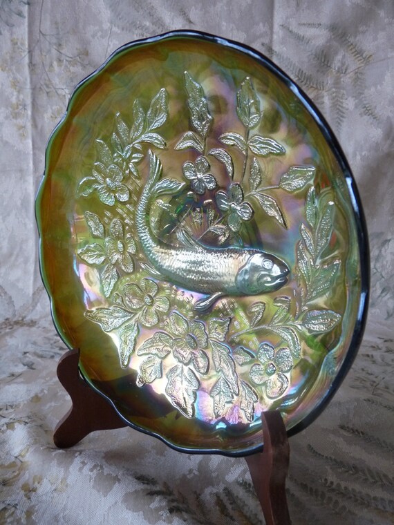 millersburg iridescence satin green carnival glass trout etsy etsy