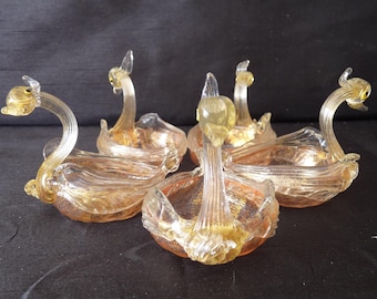 Rare - Murano, ITALY Gold Shot Infusion Flecks - SET 4 Mouth Blown Venetian Glass - Swan Form Master Salt Dishes / Open Salts - applied eyes