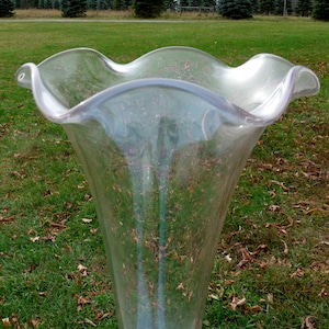 May include: A clear glass vase with a ruffled top. The vase is tall and slender, with a smooth, polished surface.