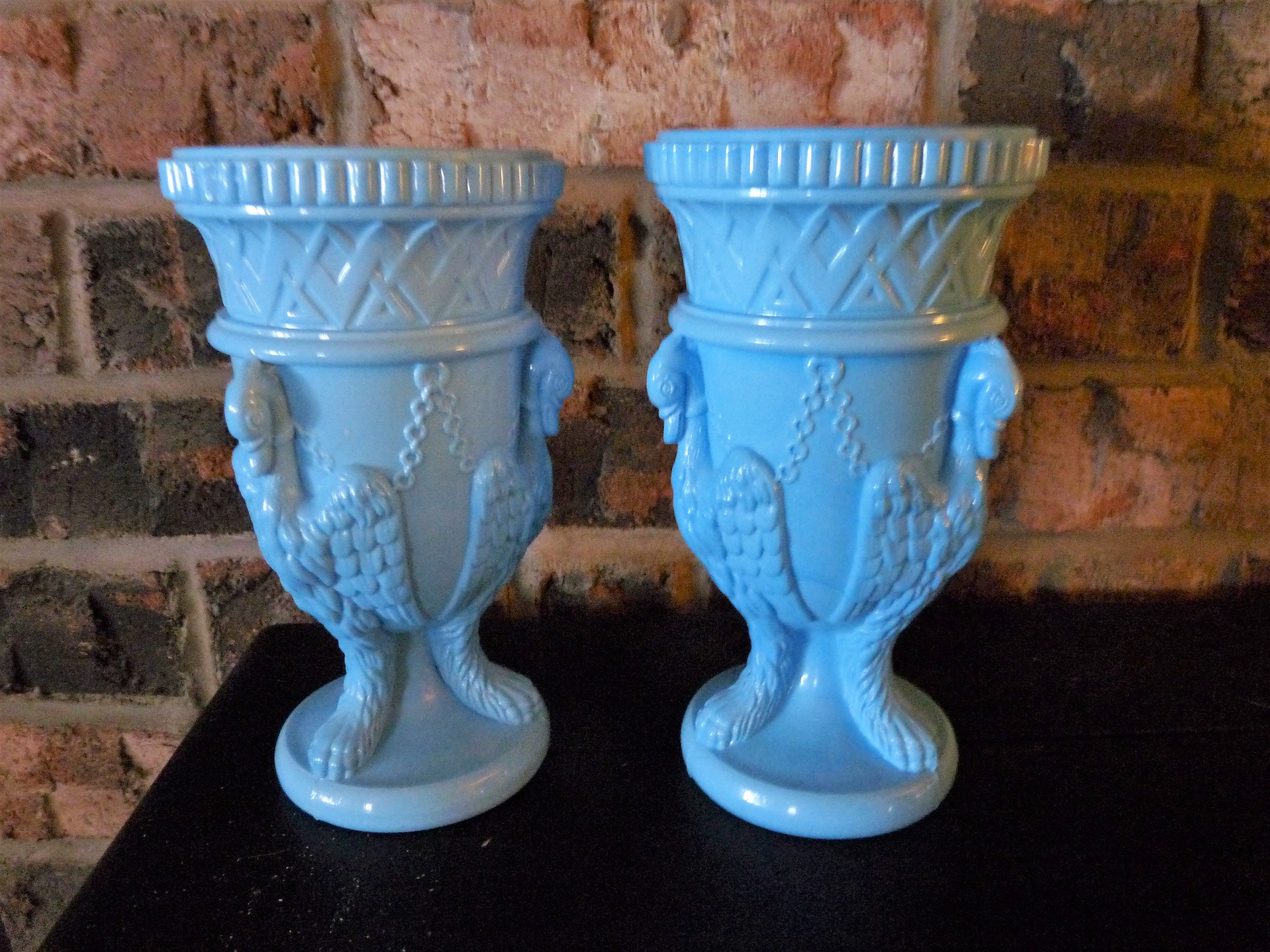 Edward Moore & Co. C.1880 - Pair Opaline Blue Color Vitro-Porcelain Opaque Glass Hanging Ducks Or Birds in Chains Urn Shaped Mantle Vases