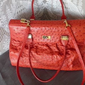 1990s - Geranium Red  - designer Hélène Arpels -  Large Ostrich Satchel / Hand Bag - Two length Handles.. Made in France