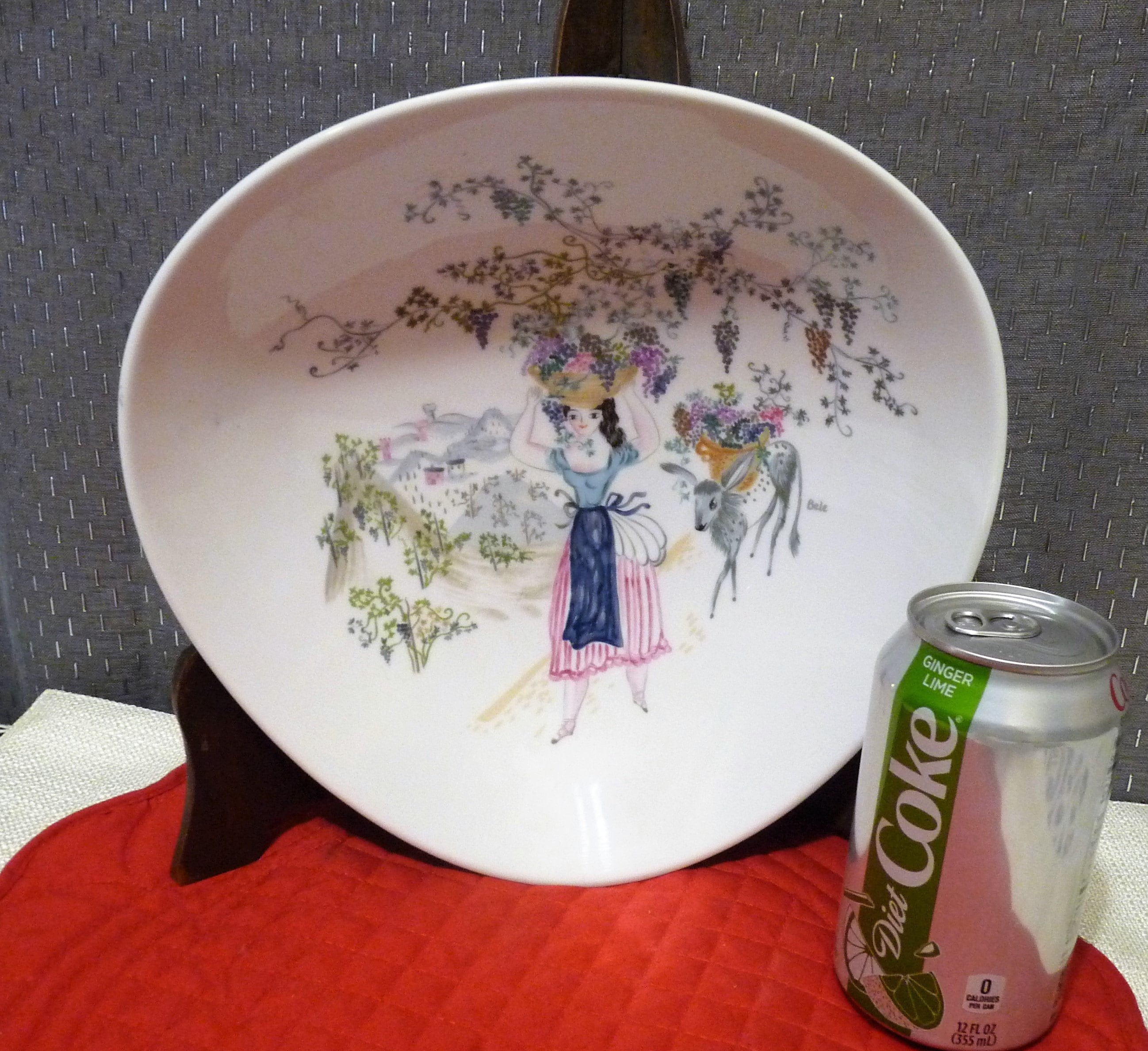 Rosenthal signed BELE BACHEM - 1960's Modern Pictorial Hand-Painted Grape Picking - Large Triangular Serving Berry BOWL B23 - Germany
