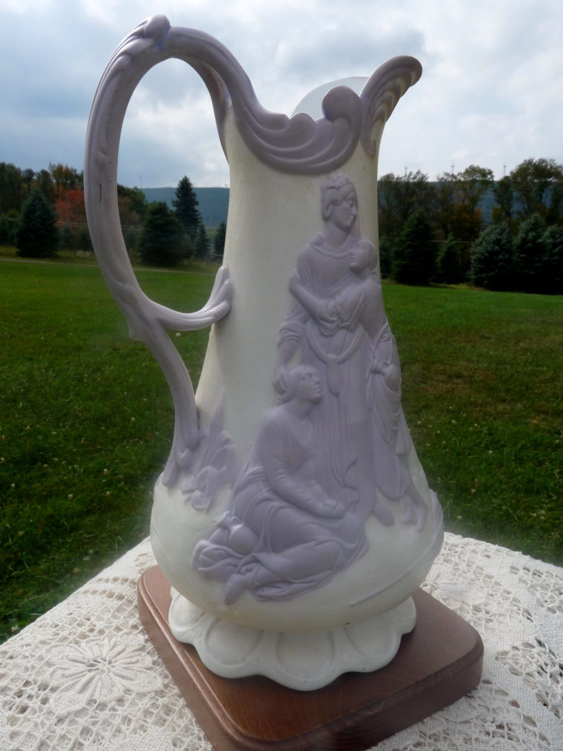 Samuel Alcock Co. - Circa 1847 Naomi & Her Daughters-In-Laws White with Lavender Parian Salt Glaze Jug Ewer Pitcher Modelled By Hughes Protât