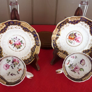 Hicks, Meigh & Johnson, Staffordshire - c.1800&#39;s - CHOICE - unmarked #812 Coffee Cup and Saucer Set - Hand-Painted Flowers, Cobalt Blue Band