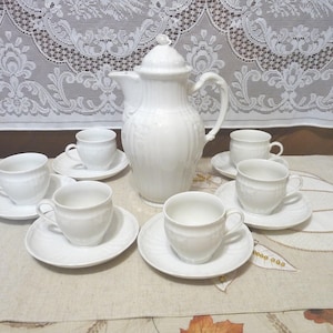 KPM Berlin, Germany - ROCAILLE White pattern CHOICE: Demitasse Mocha Pot Service Set for Six - or - Set Six Mocha Cup & Saucer Sets