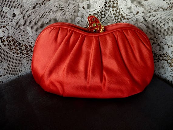 Judith Leiber 1980's Red Satin Evening Bag w/ Butterfly Clasp in Red Rhinestones and Semi-Precious Stones - Original Shoulder Strap.. Usa..