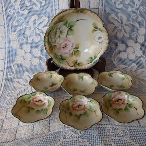 Nippon  rare &quot;Torri mark&quot; Japan - 7pc MASTER BERRY SET - One Master Bowl & Six Dishes - Hand Painted Lotus Flowers and Wavy Black Trim