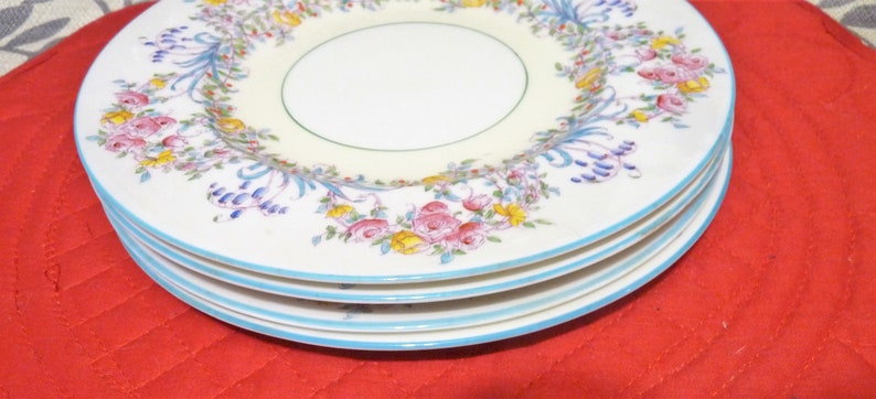 Royal Worcester, England ONE or SET 4 - Dinner Plate(s) or Salad Plate(s) in the Z502-1 JUNE pattern w/ Turquoise edging & Flowers image 4